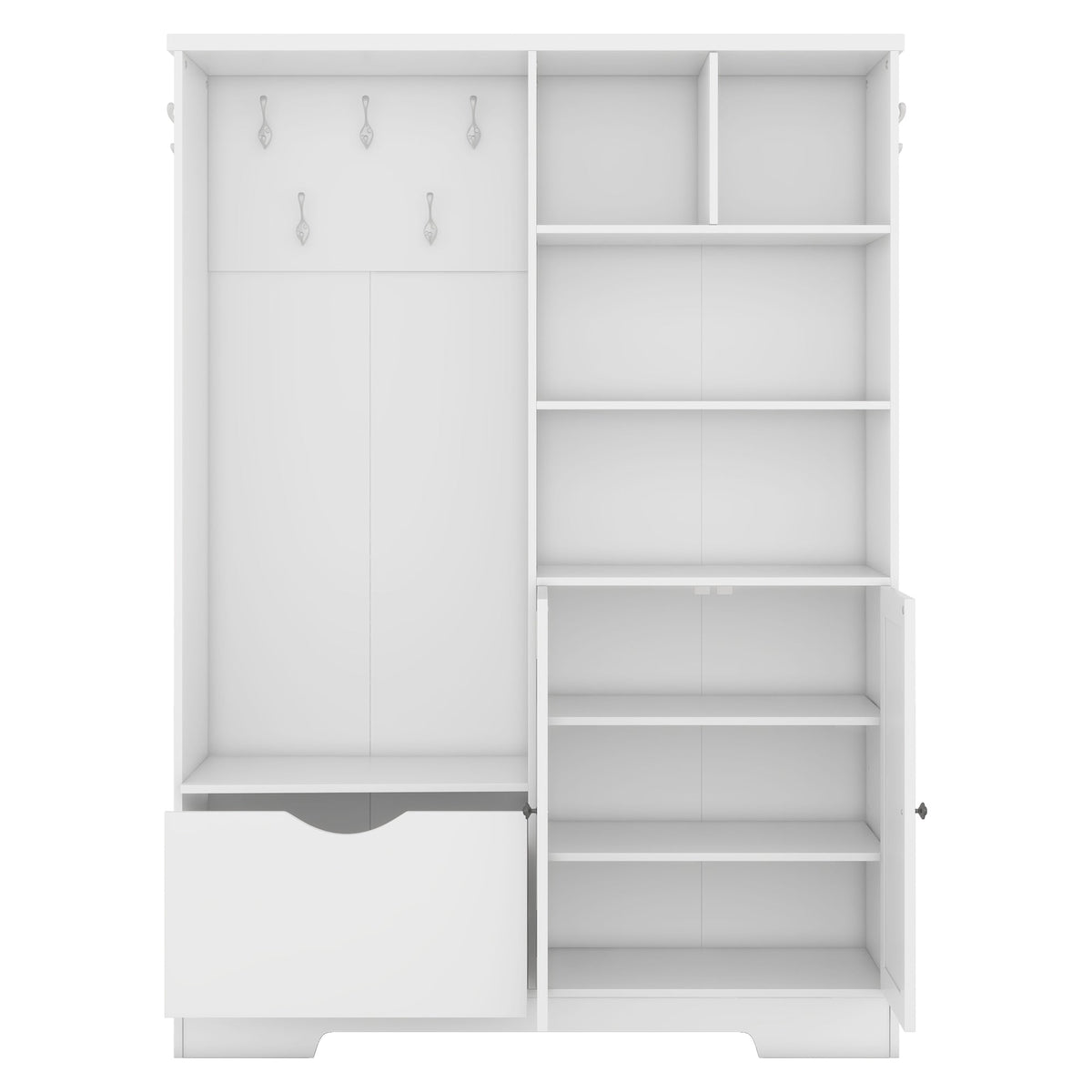 Multi-functional Hall Tree with Storage Shelves Drawers Cabinet Elegant Hallway Shoe Cabinet with Bench Modern Coat Rack White V.I.P Digital Presence