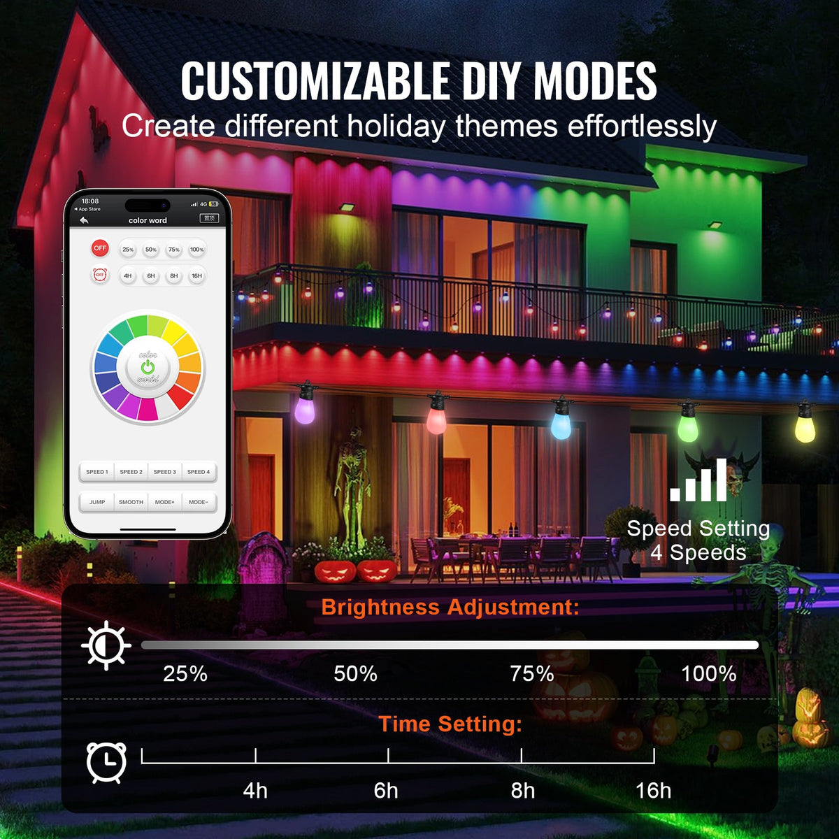RGB Outdoor String Lights with App Control, 50FT - Multi-Color HouseOfZazla