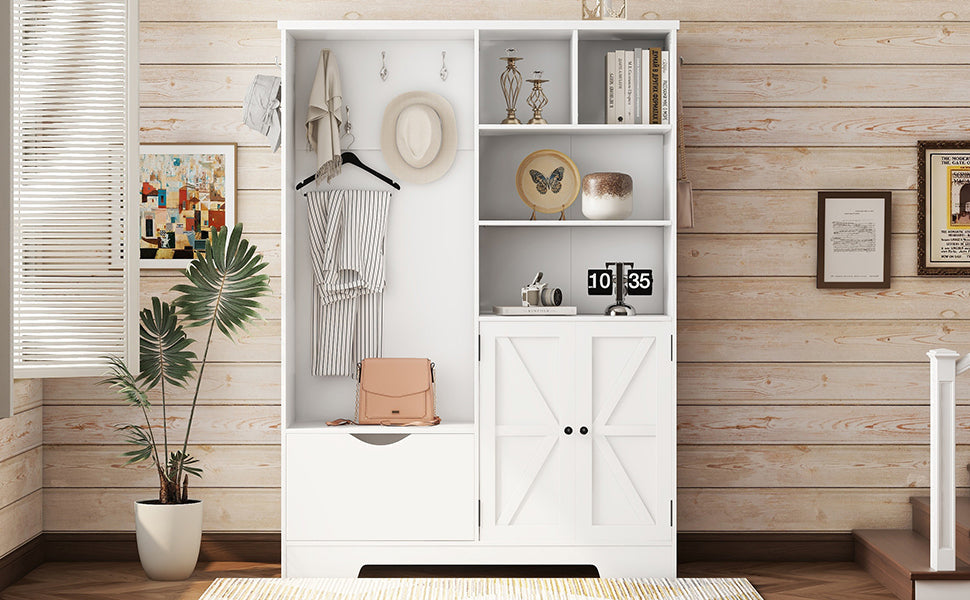Multi-functional Hall Tree with Storage Shelves Drawers Cabinet Elegant Hallway Shoe Cabinet with Bench Modern Coat Rack White V.I.P Digital Presence