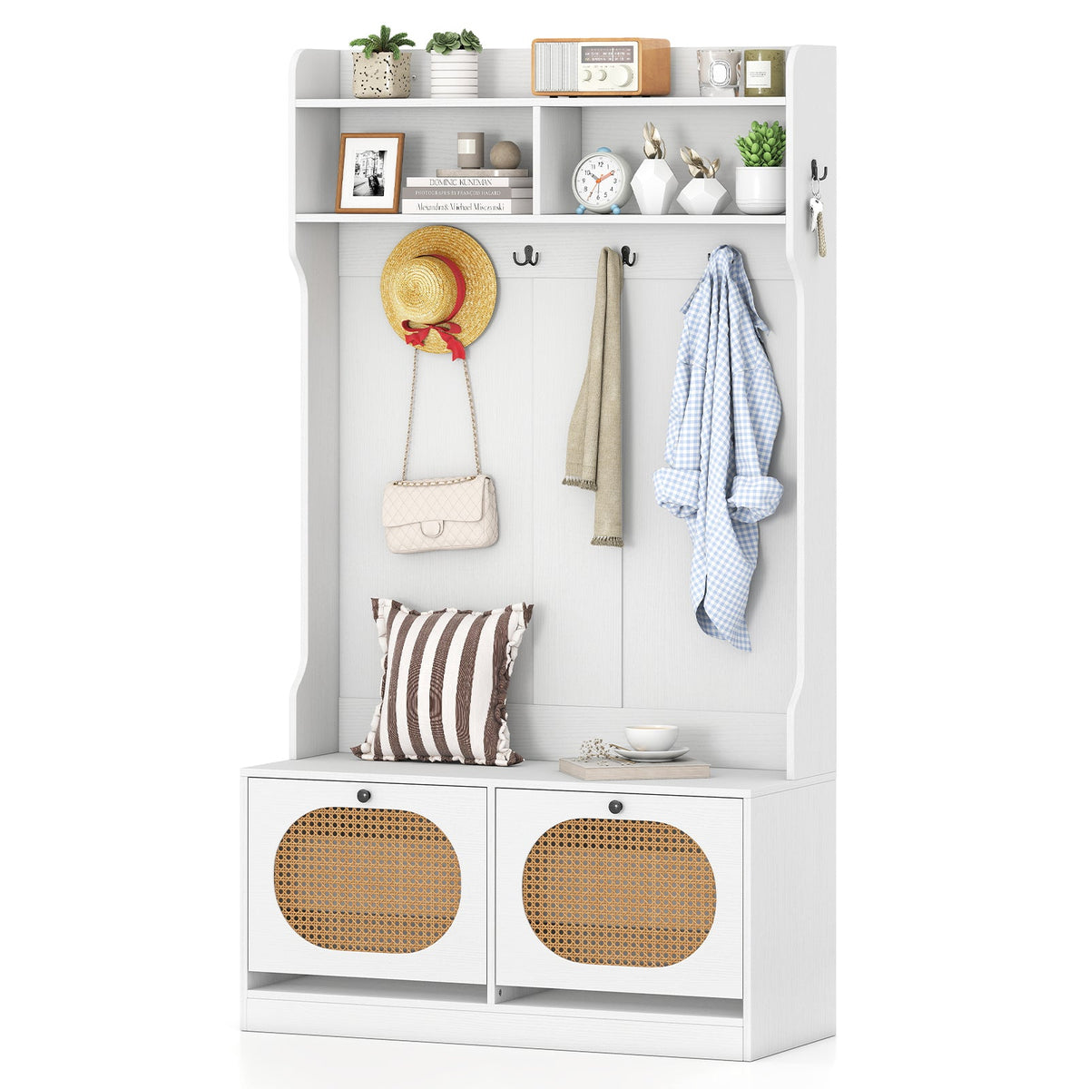 4-In-1 Hall Tree with Coat Rack and Flip Drawers for Entryway Mudroom DirectDeals
