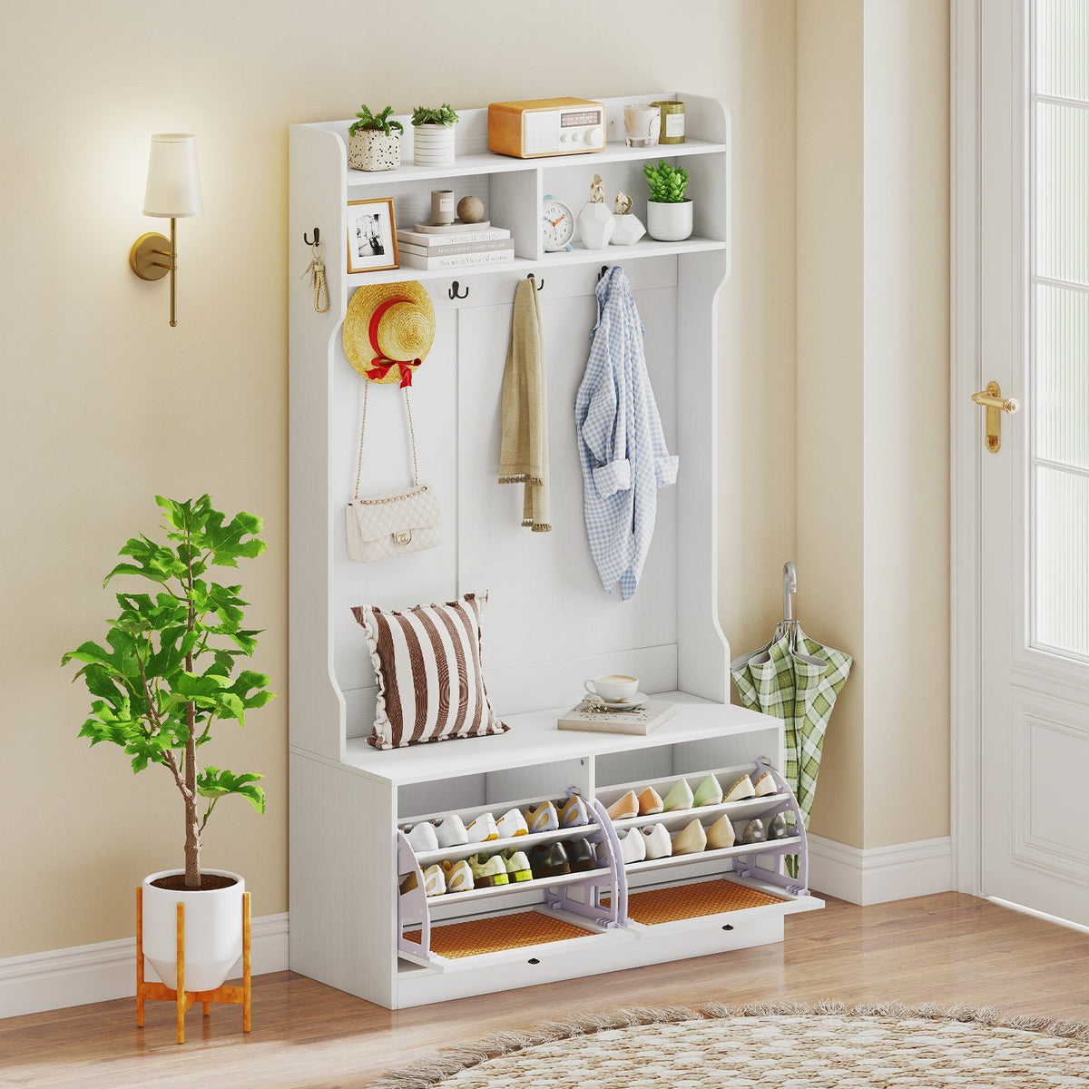 4-In-1 Hall Tree with Coat Rack and Flip Drawers for Entryway Mudroom DirectDeals
