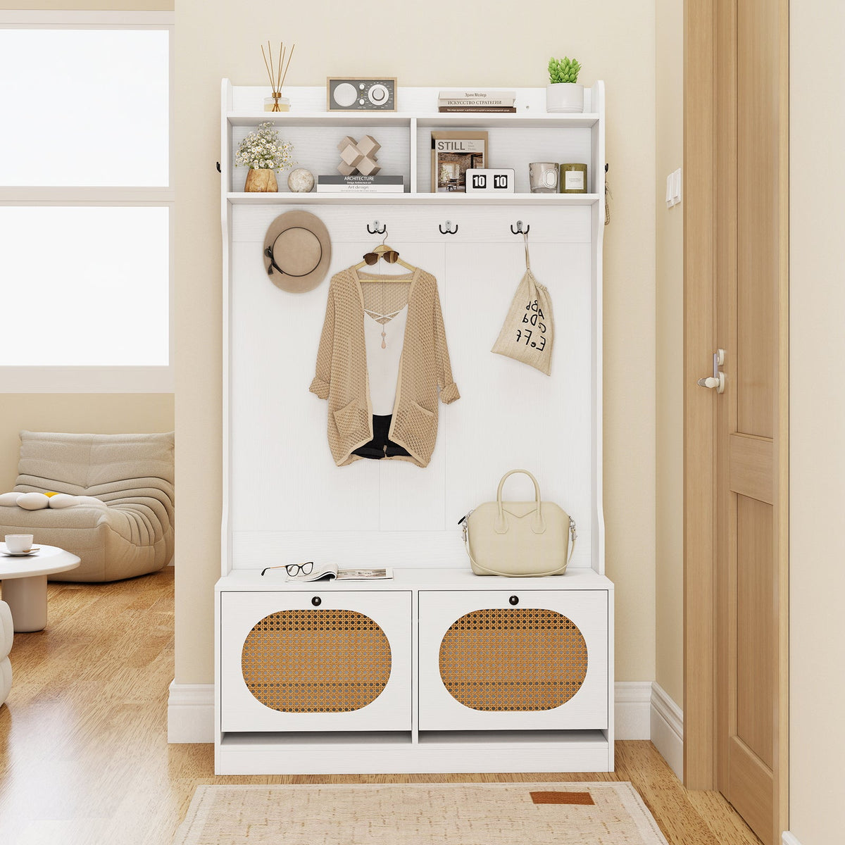 4-In-1 Hall Tree with Coat Rack and Flip Drawers for Entryway Mudroom DirectDeals