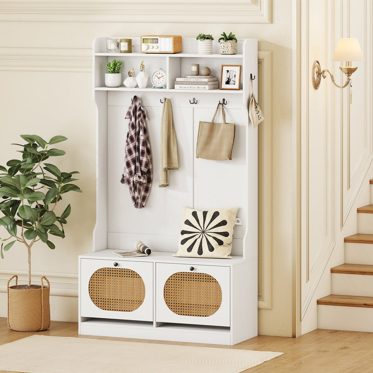 4-In-1 Hall Tree with Coat Rack and Flip Drawers for Entryway Mudroom DirectDeals
