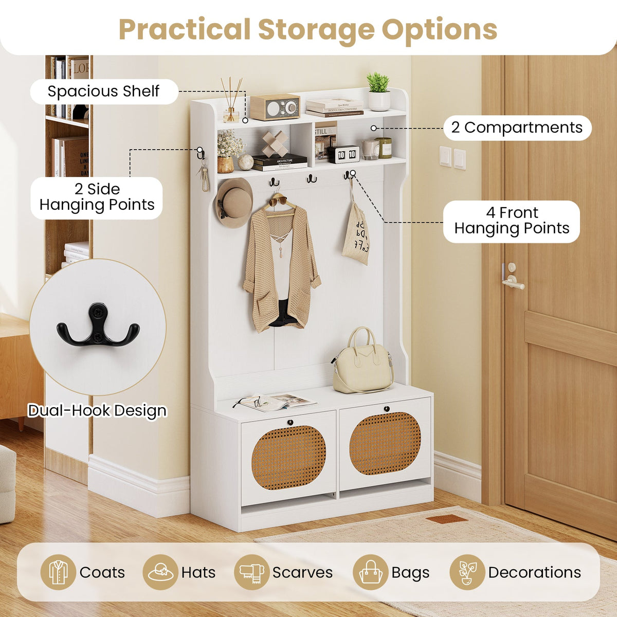 4-In-1 Hall Tree with Coat Rack and Flip Drawers for Entryway Mudroom DirectDeals