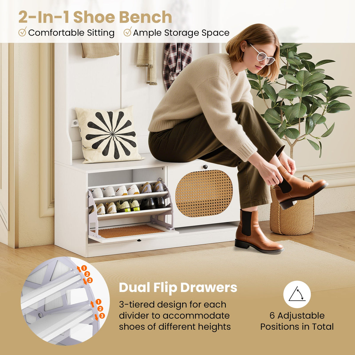 4-In-1 Hall Tree with Coat Rack and Flip Drawers for Entryway Mudroom DirectDeals