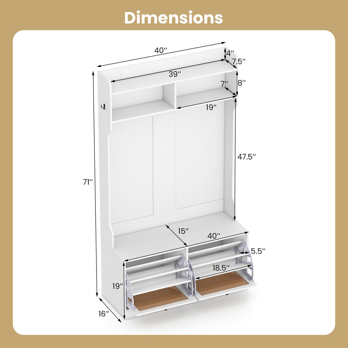 4-In-1 Hall Tree with Coat Rack and Flip Drawers for Entryway Mudroom DirectDeals