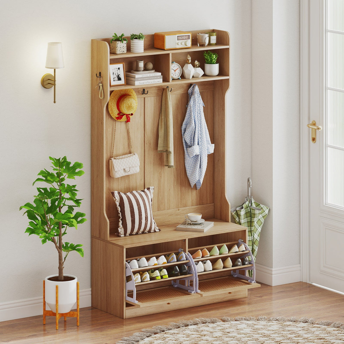 4-In-1 Hall Tree with Coat Rack and Flip Drawers for Entryway Mudroom DirectDeals