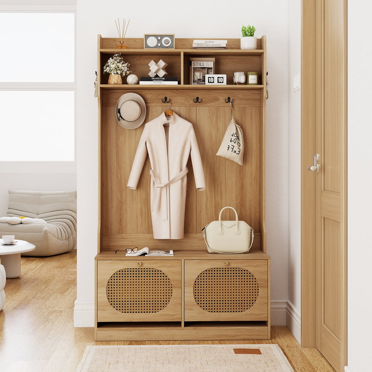 4-In-1 Hall Tree with Coat Rack and Flip Drawers for Entryway Mudroom DirectDeals