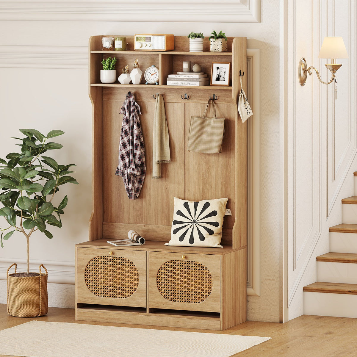 4-In-1 Hall Tree with Coat Rack and Flip Drawers for Entryway Mudroom DirectDeals