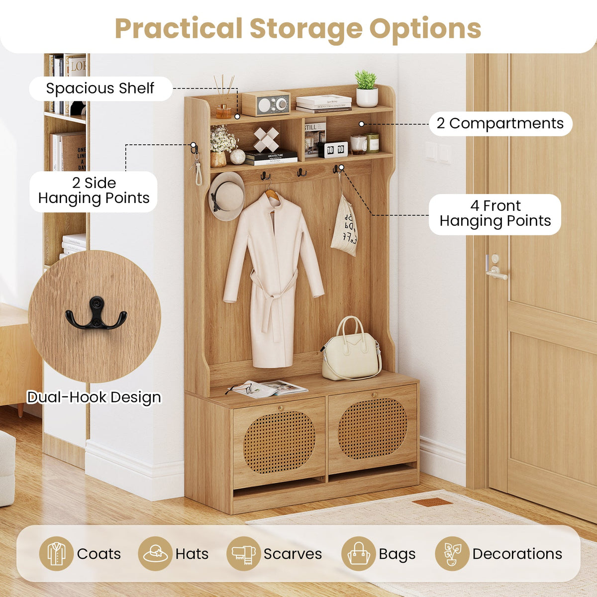 4-In-1 Hall Tree with Coat Rack and Flip Drawers for Entryway Mudroom DirectDeals