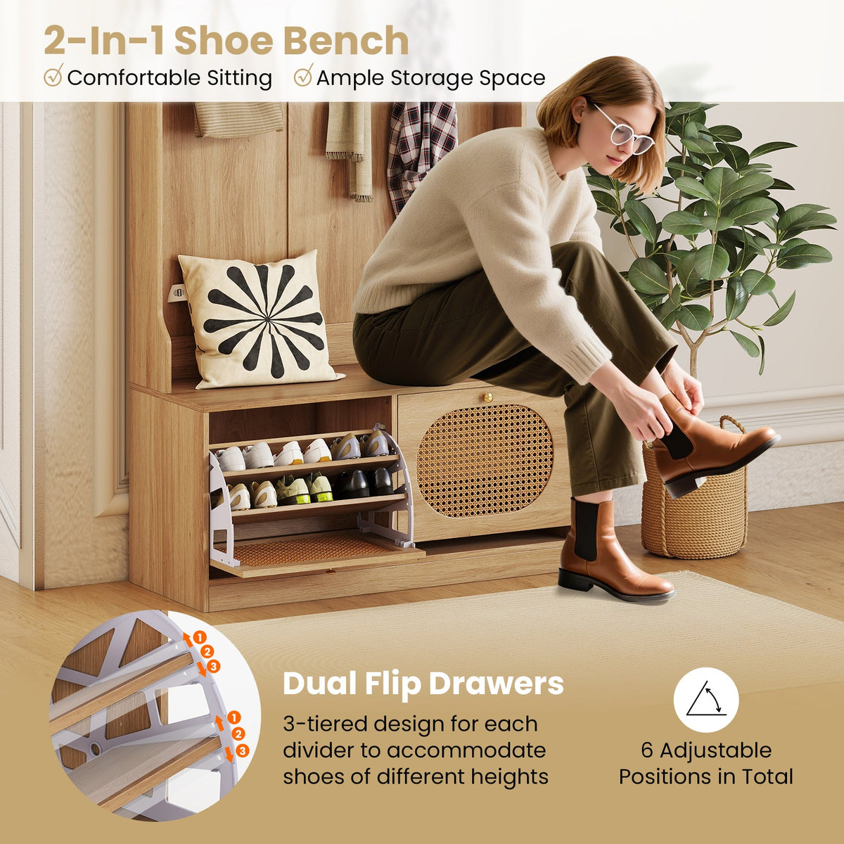 4-In-1 Hall Tree with Coat Rack and Flip Drawers for Entryway Mudroom DirectDeals