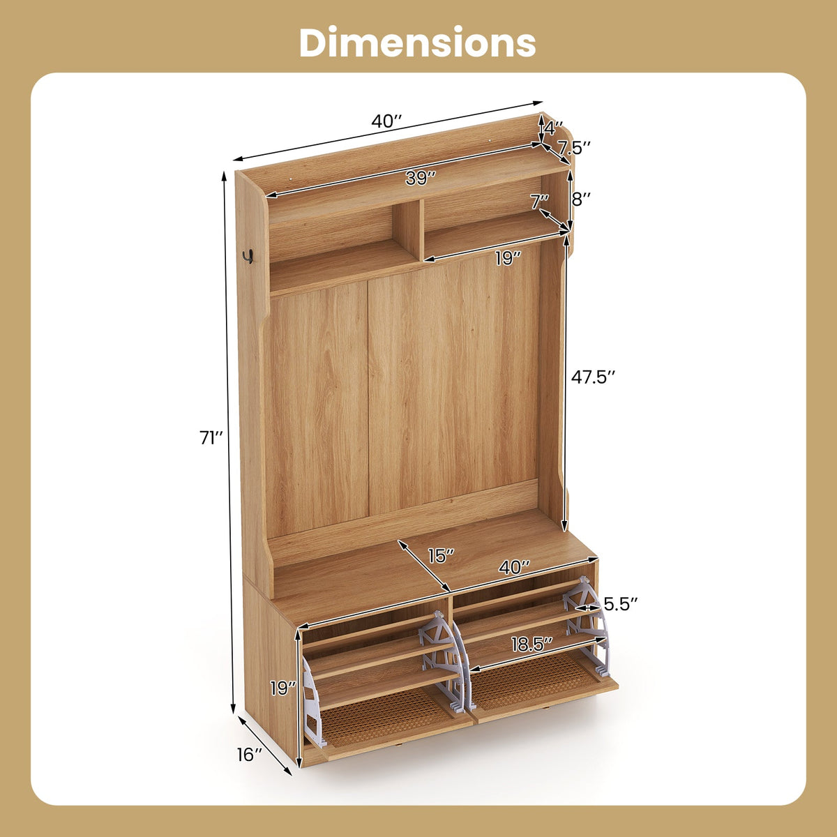 4-In-1 Hall Tree with Coat Rack and Flip Drawers for Entryway Mudroom DirectDeals
