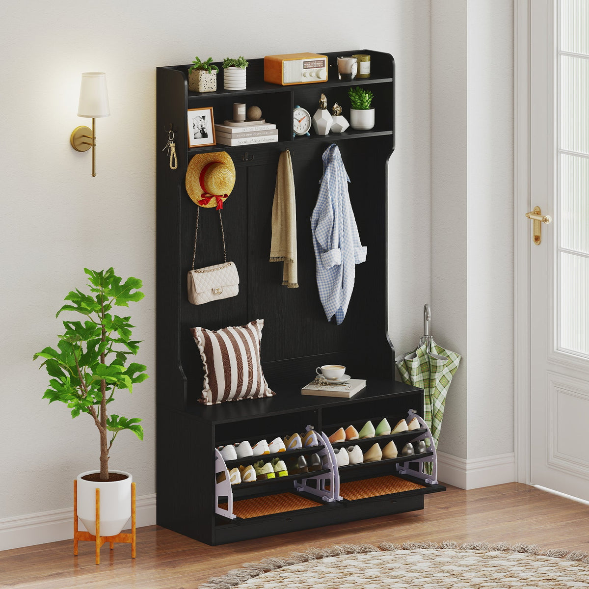 4-In-1 Hall Tree with Coat Rack and Flip Drawers for Entryway Mudroom DirectDeals
