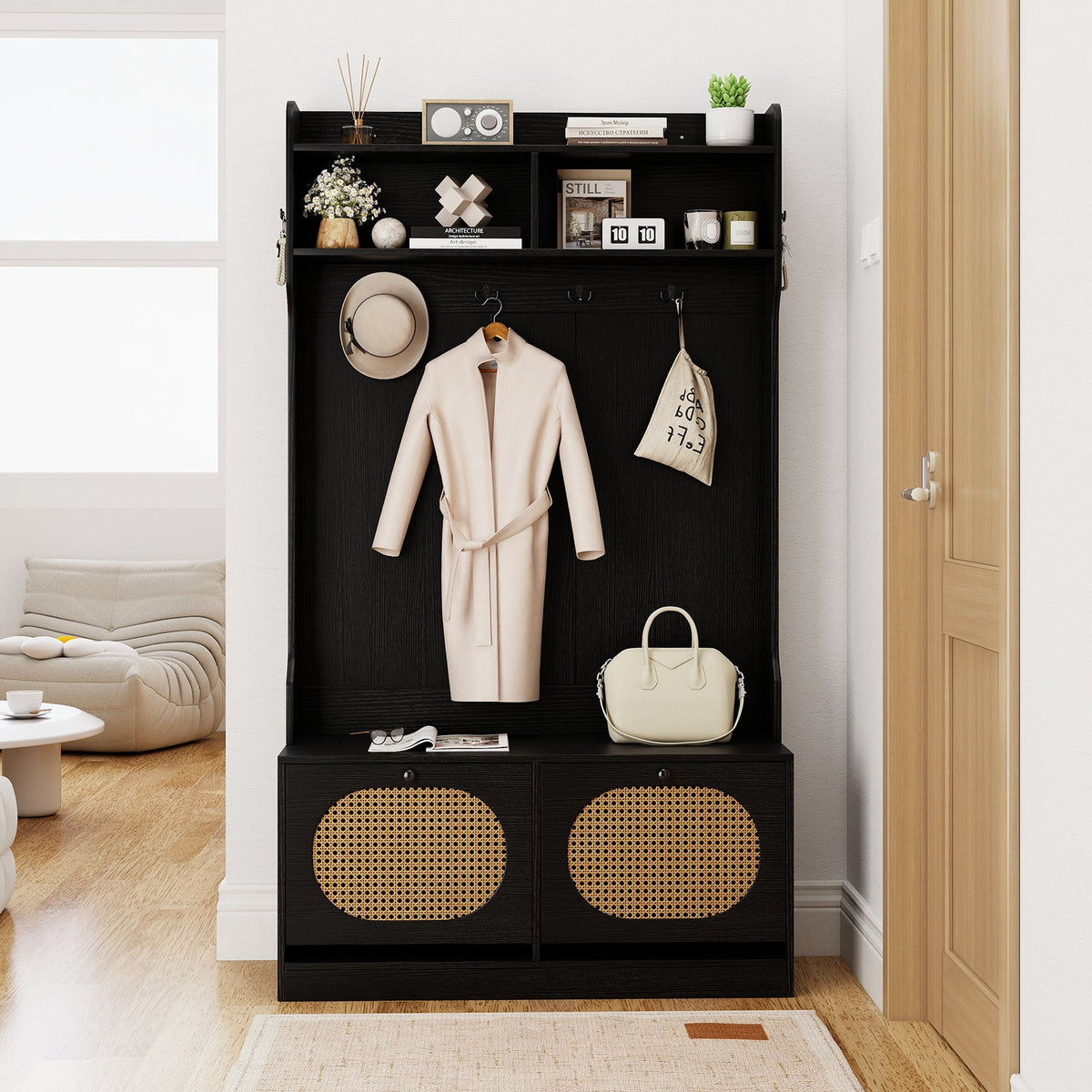 4-In-1 Hall Tree with Coat Rack and Flip Drawers for Entryway Mudroom DirectDeals