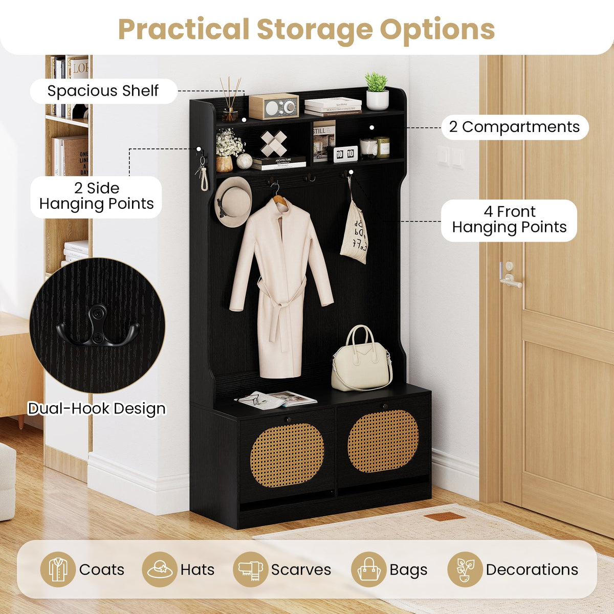 4-In-1 Hall Tree with Coat Rack and Flip Drawers for Entryway Mudroom DirectDeals