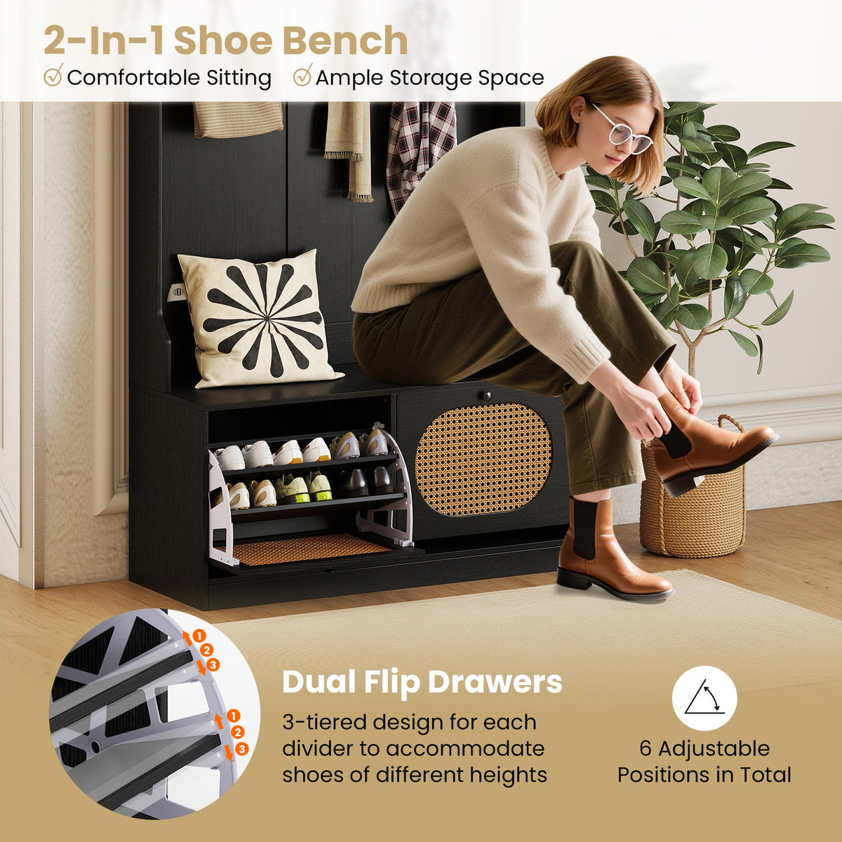 4-In-1 Hall Tree with Coat Rack and Flip Drawers for Entryway Mudroom DirectDeals