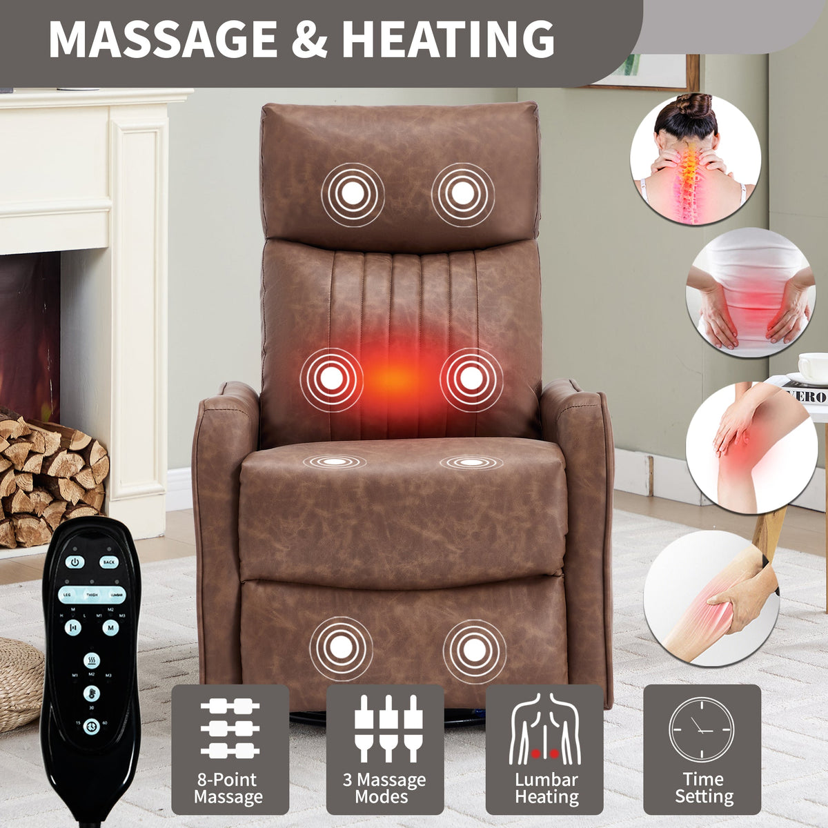 Brown Heat Massage Manual Recliner Chair with Rocker and Swivel - Brown HouseOfZazla