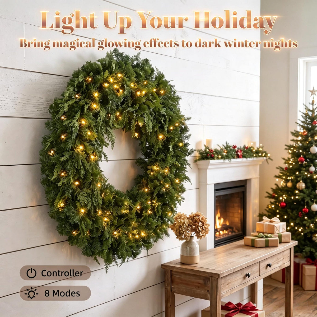 48-Inch Pre-Lit Crestwood Spruce Artificial Christmas Wreath with 8 Lighting Modes - Green HouseOfZazla