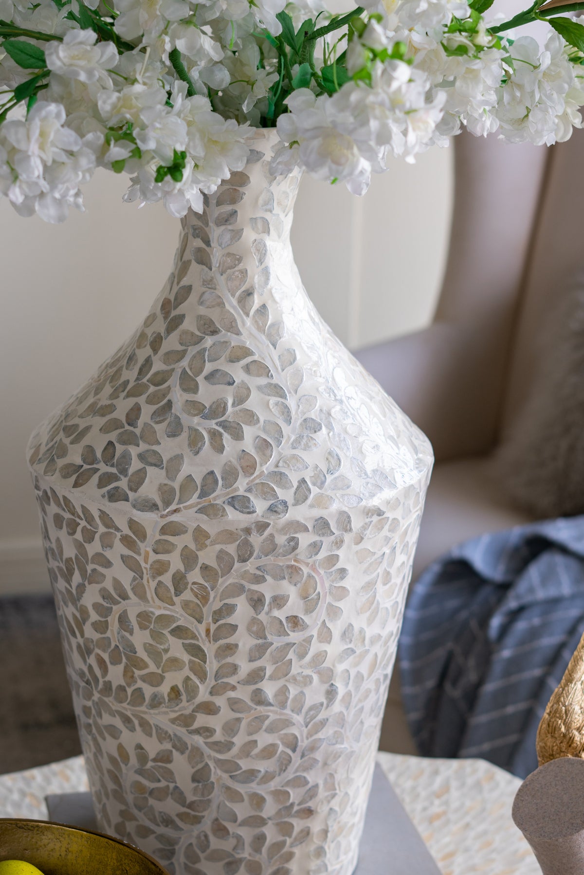 Decorative Paper Powder Vase with Tapered Capiz Floral Design - White HouseOfZazla