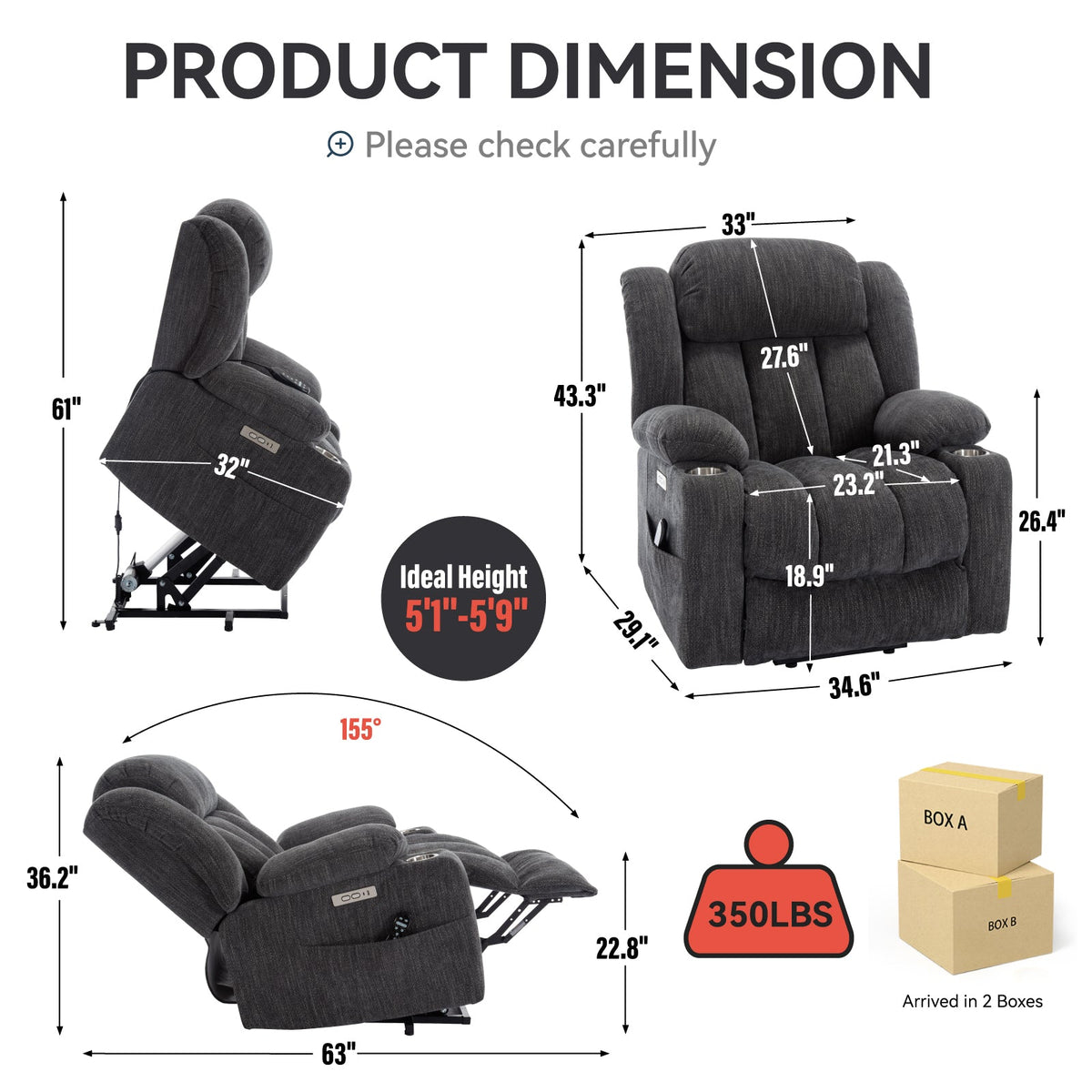 Chenille Power Lift Recliner Chair with Massage & Heating - Soft Chenille HouseOfZazla