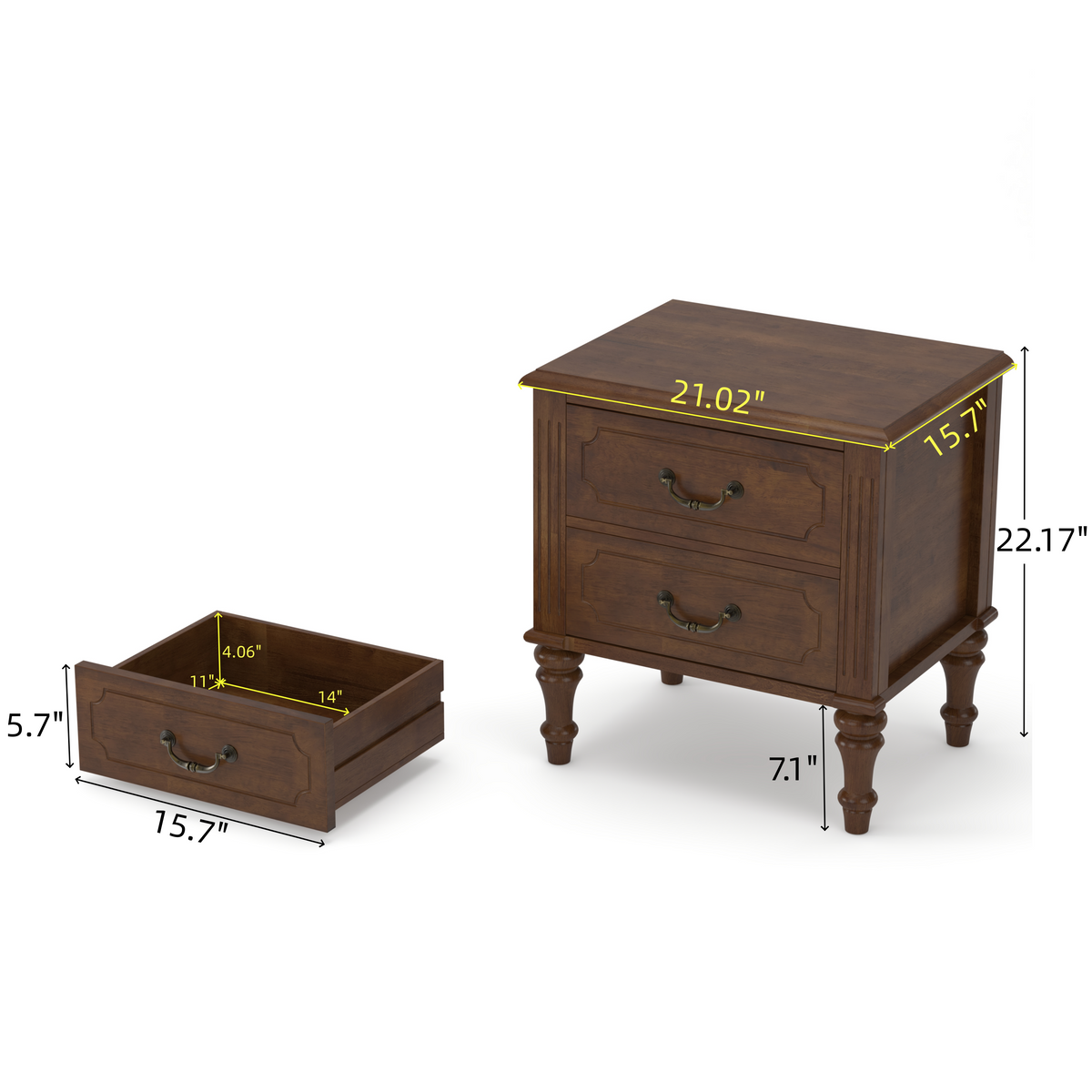 Farmhouse Nightstand with 2 Drawer, Solid Wood Bedside Table - Walnut HouseOfZazla