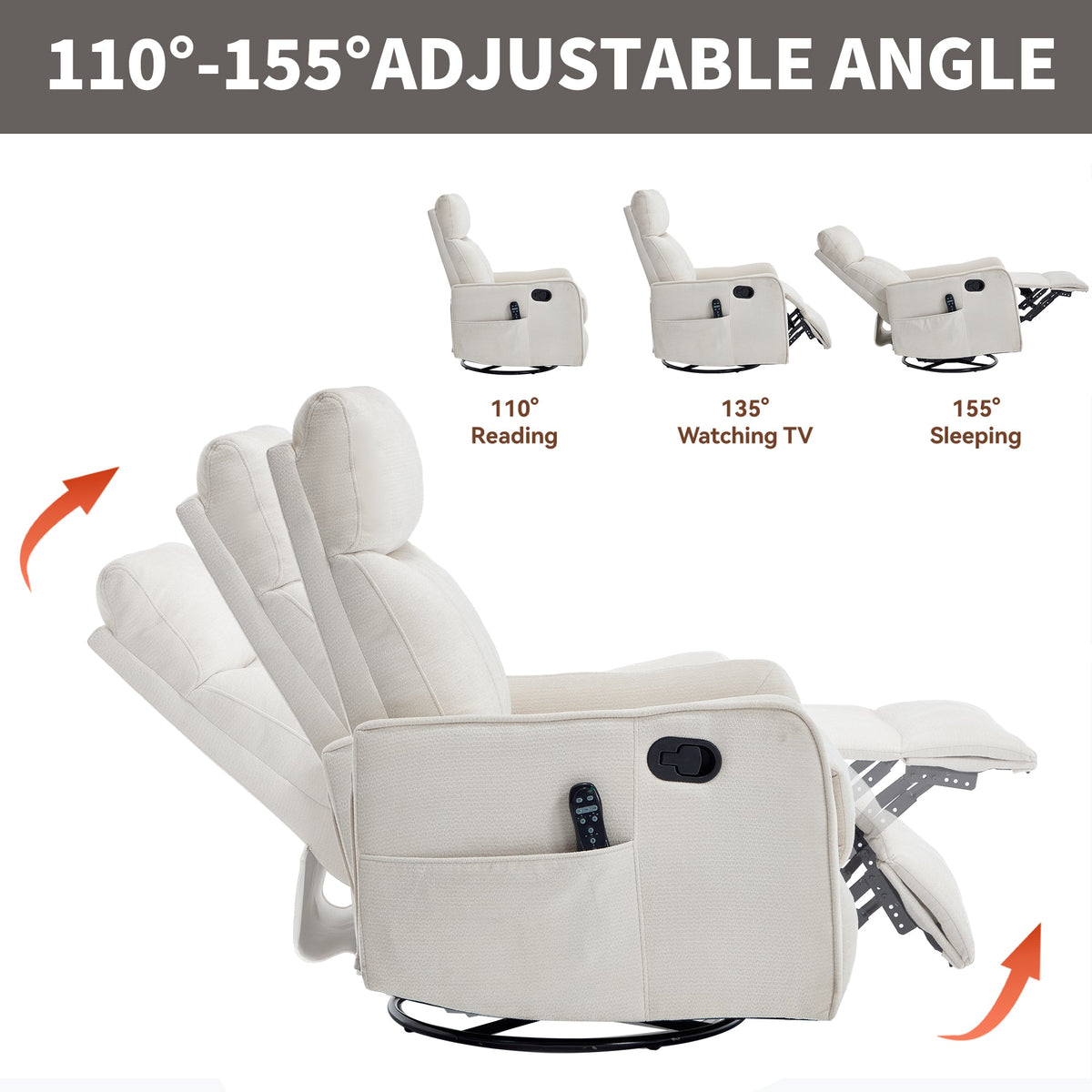 Beige Heat Massage Manual Recliner Chair with Rocker and Swivel - Beige HouseOfZazla