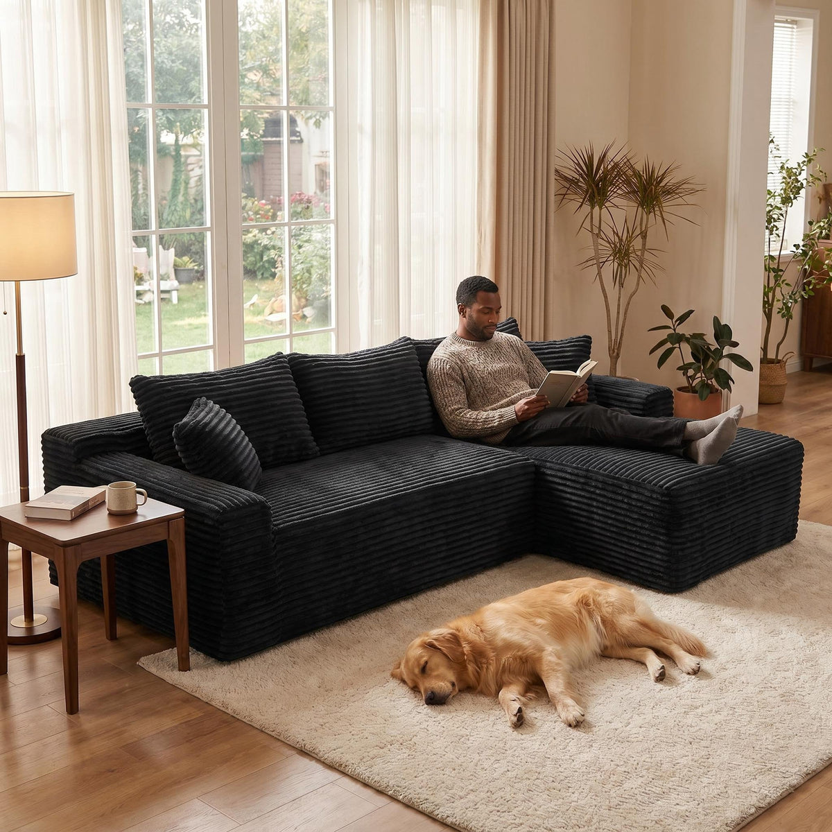 Corduroy Sectional Sofa with L-Shape Chaise - 106.3" Cloud Modular in Charcoal HouseOfZazla