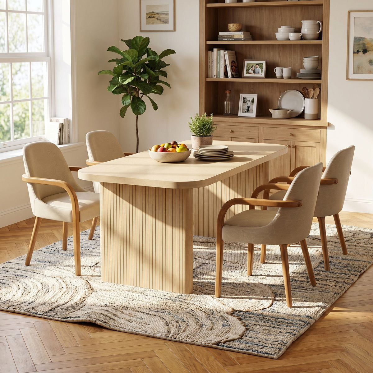 5 Piece Indoor Dining Set with Fluted Rubber Wood Table - Khaki PU Chairs HouseOfZazla