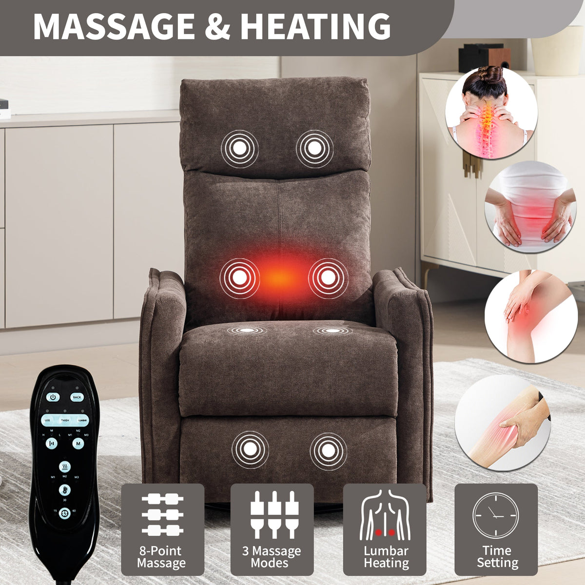 Heat Massage Manual Recliner Chair with Rocker and Swivel in Fabric HouseOfZazla