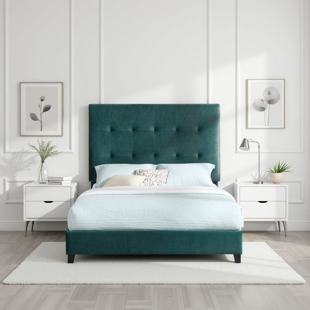 Tufted Upholstered Headboard Platform Bed with Padded Headboard - Queen, Beige or Dark Green HouseOfZazla