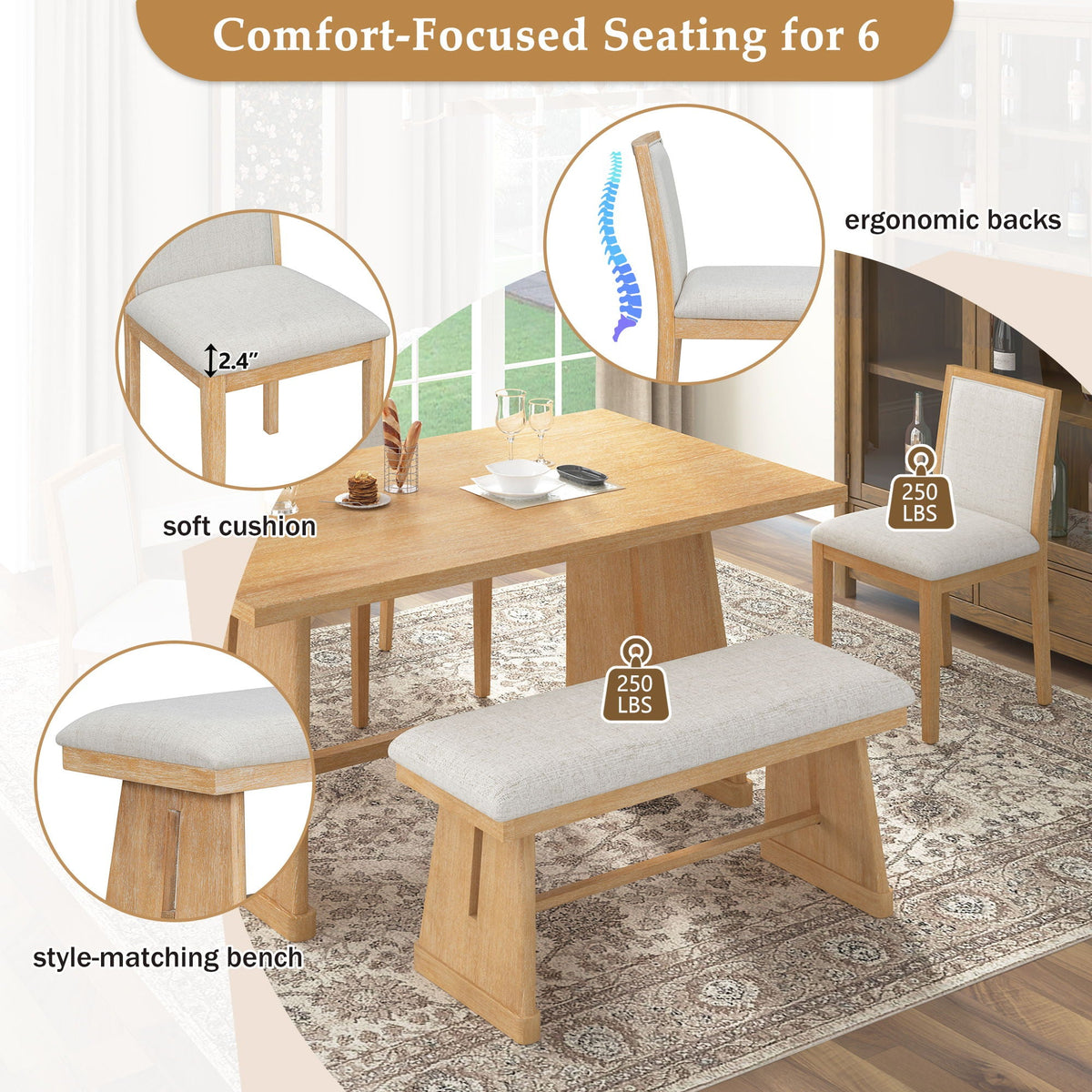 6 Piece Dining Room Set with Upholstered Chairs & Padded Bench - Light or Dark Brown HouseOfZazla