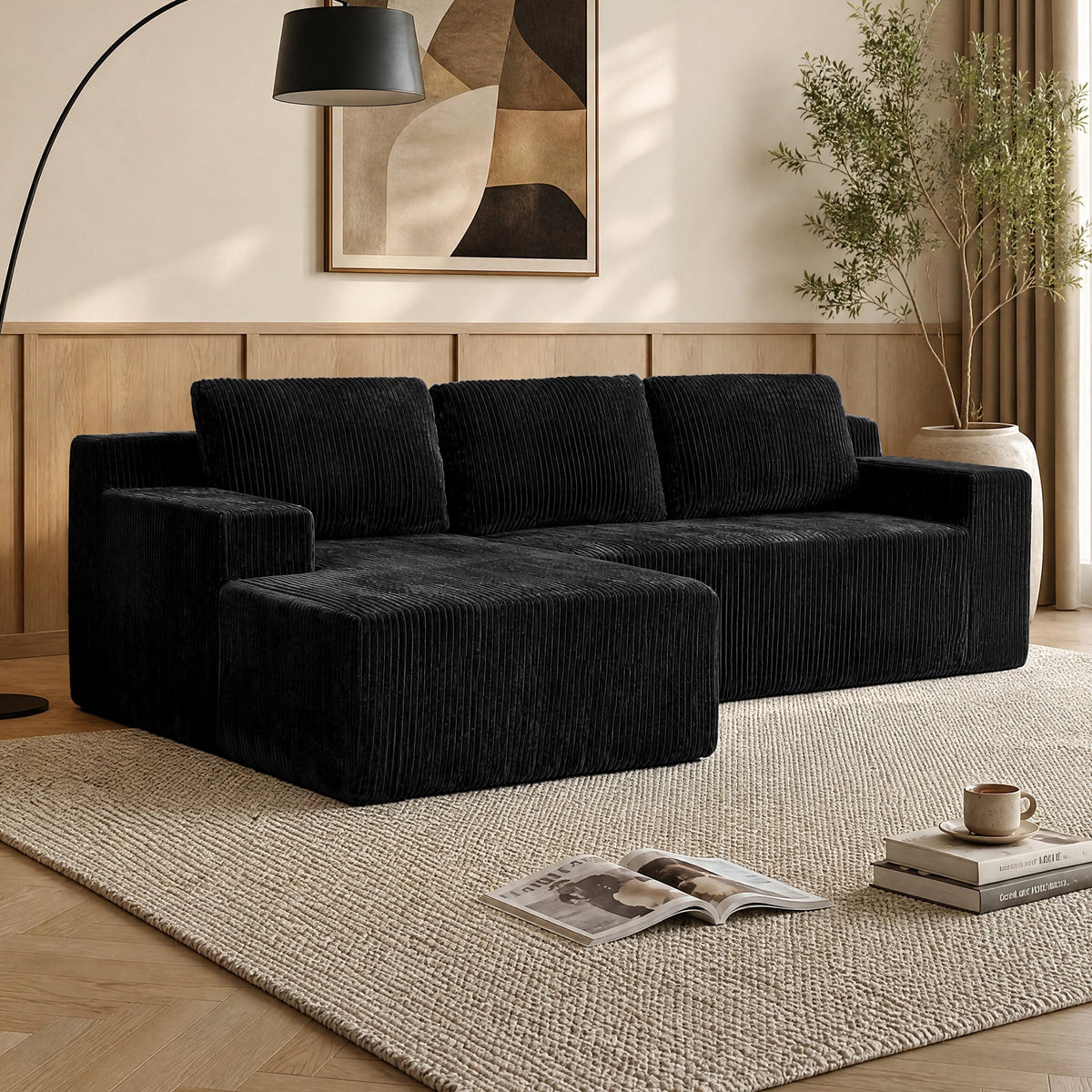 Corduroy Modular L Shaped Sectional Sofa with Plush Upholstery - Beige HouseOfZazla