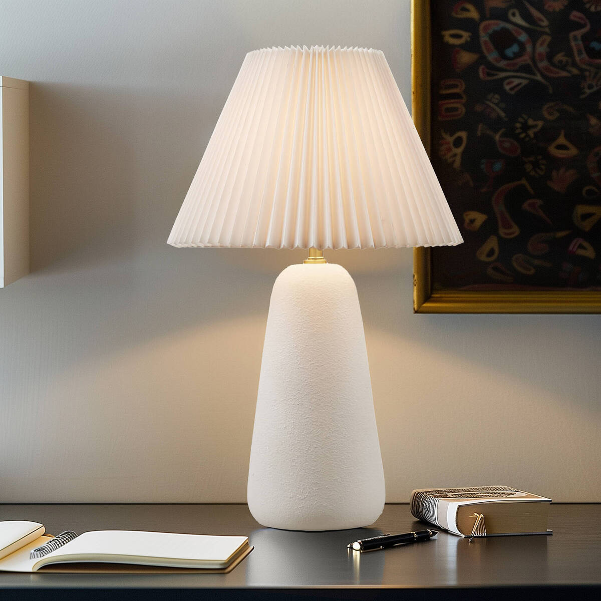 Textured Ceramic Table Lamp with Fluted Fabric Shade - White HouseOfZazla