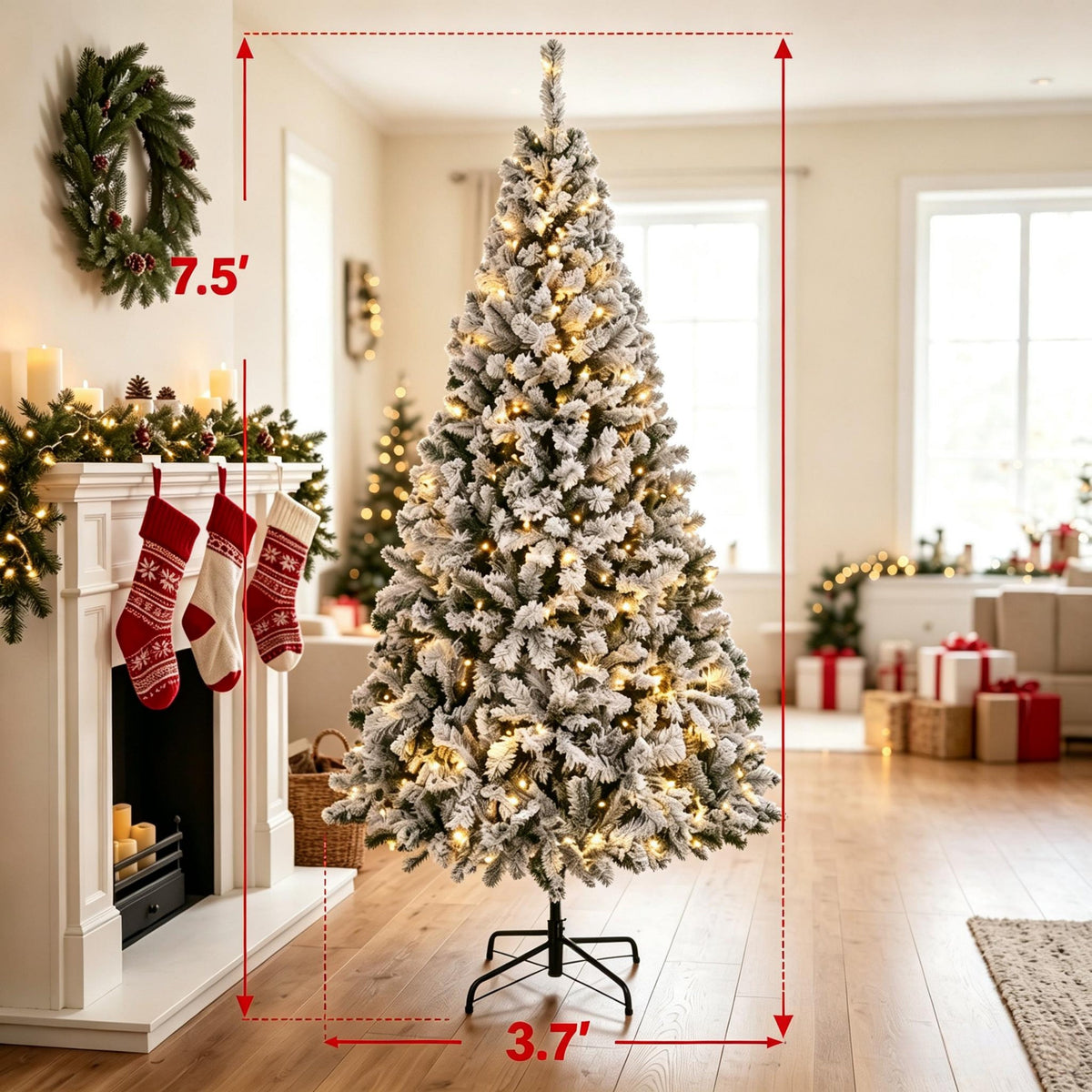 7.5 ft Pre-Lit Flocked Fraser Fir Artificial Christmas Tree HouseOfZazla