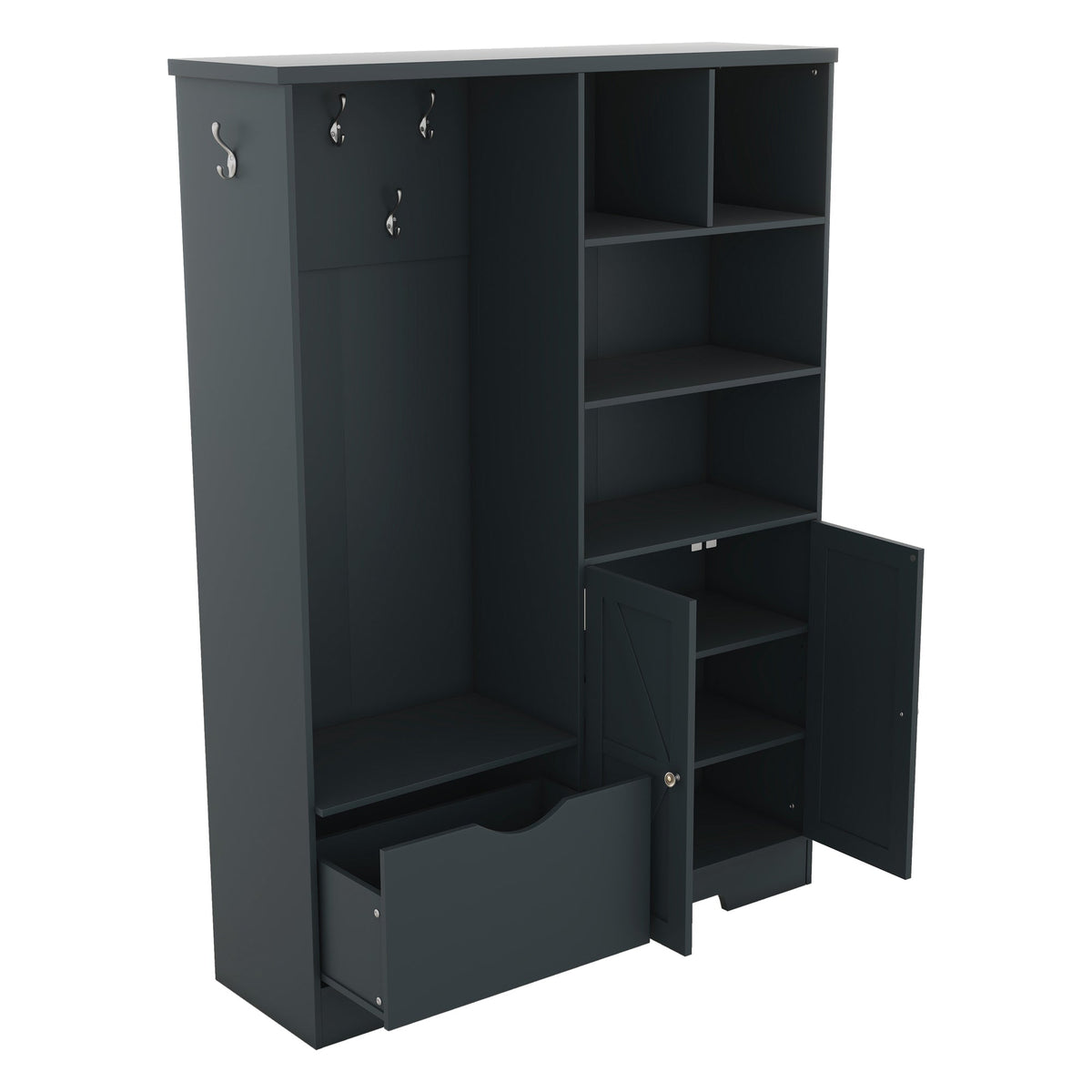 Multi-functional Hall Tree with Storage Shelves Drawers and Cabinet, Elegant Hallway Shoe Cabinet with Bench Antique Blue V.I.P Digital Presence