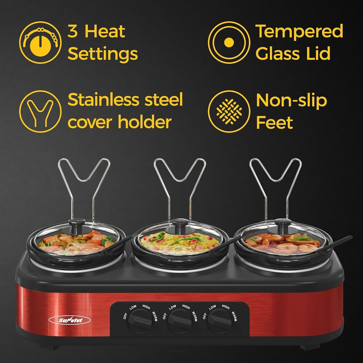 Triple Slow Cooker Buffet Food Warmer with 3 Removable Pots - Red or Blue HouseOfZazla
