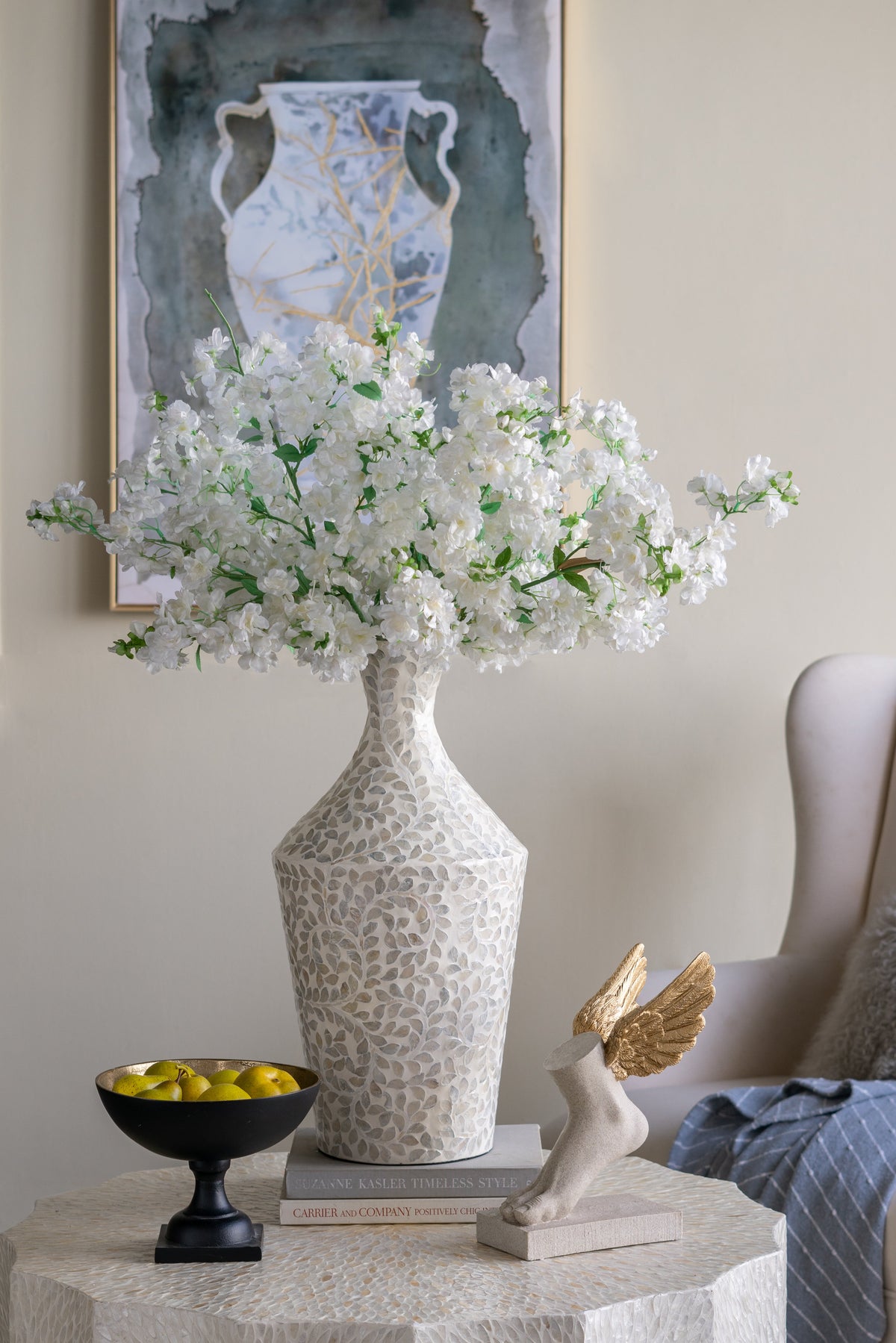 Decorative Paper Powder Vase with Tapered Capiz Floral Design - White HouseOfZazla