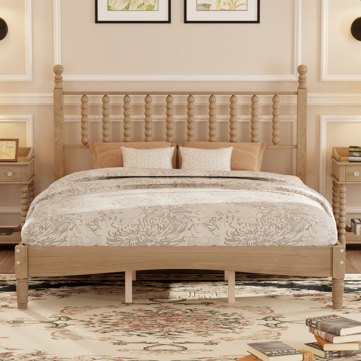 Queen Size Wood Platform Bed with Gourd-Shaped Headboard - Natural Wood HouseOfZazla