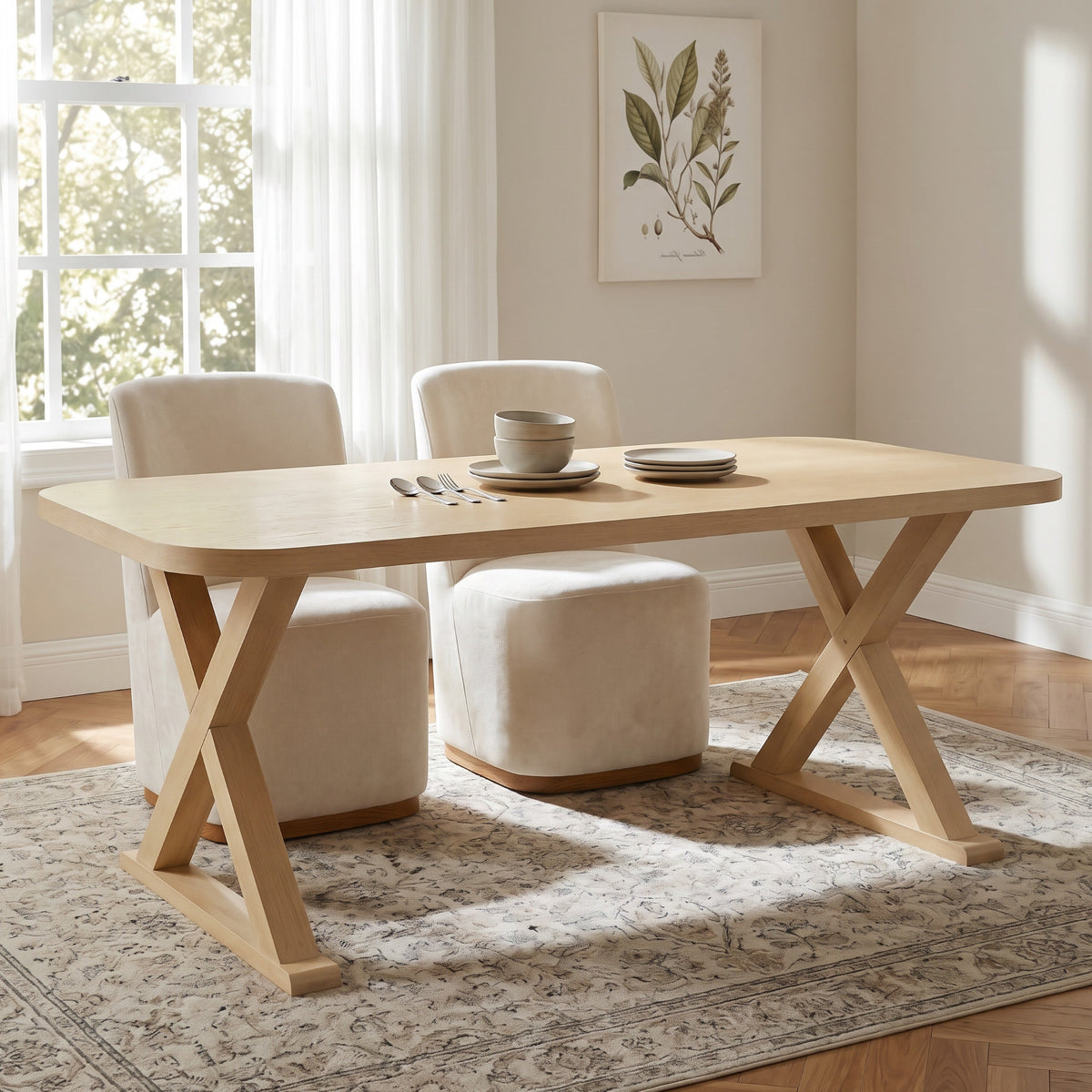 Natural Oak Veneer Dining Table with Rubber Wood Legs - Natural HouseOfZazla