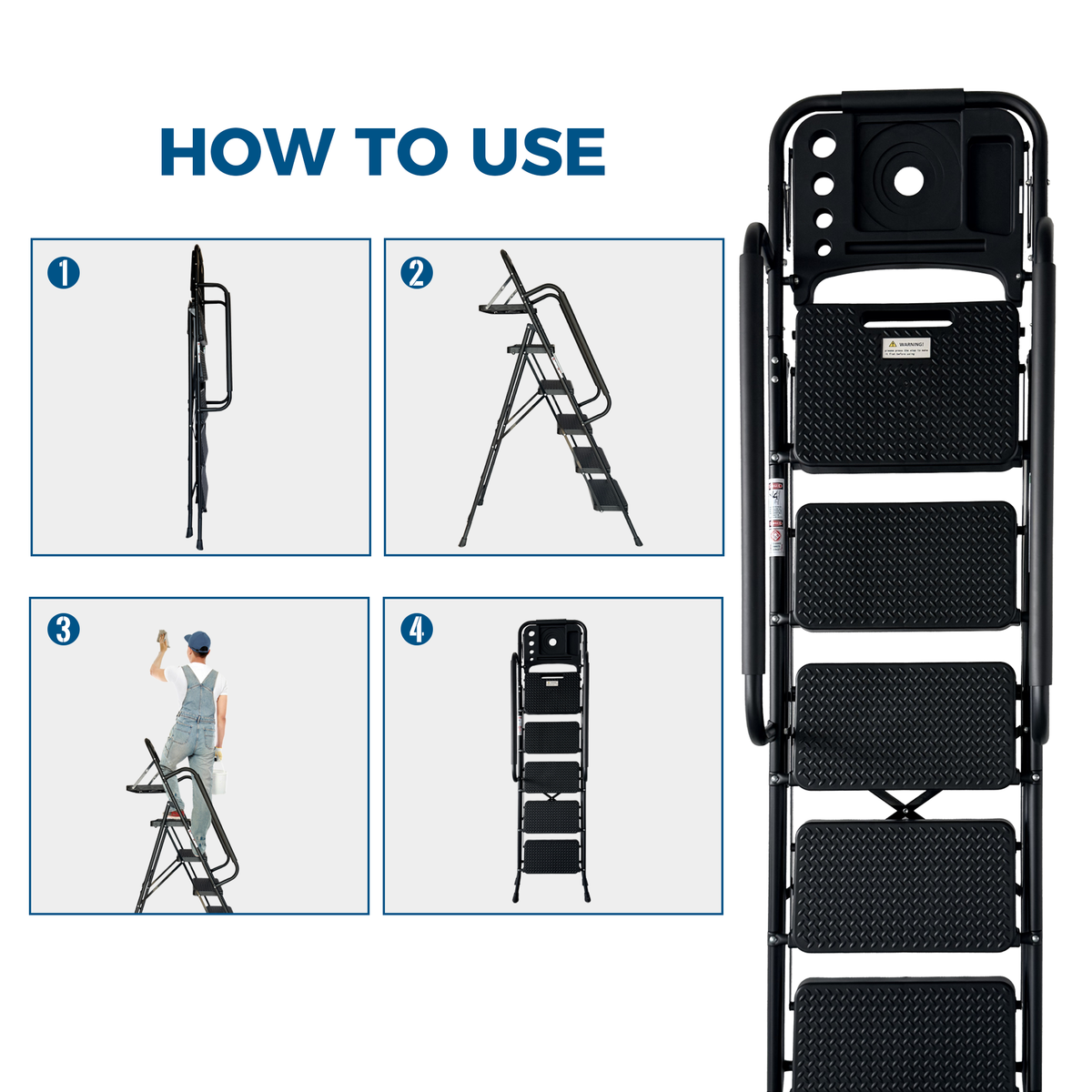 Folding Step Ladder with Wide Anti-Slip Pedal and Handrail - Steel HouseOfZazla