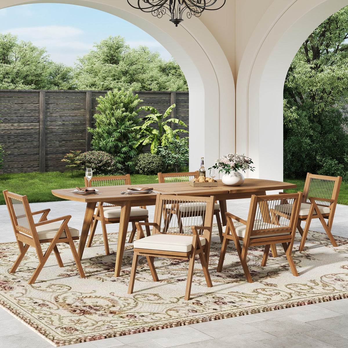 Expandable Acacia Wood Outdoor Dining Set with Rope Chairs - 7 Piece HouseOfZazla