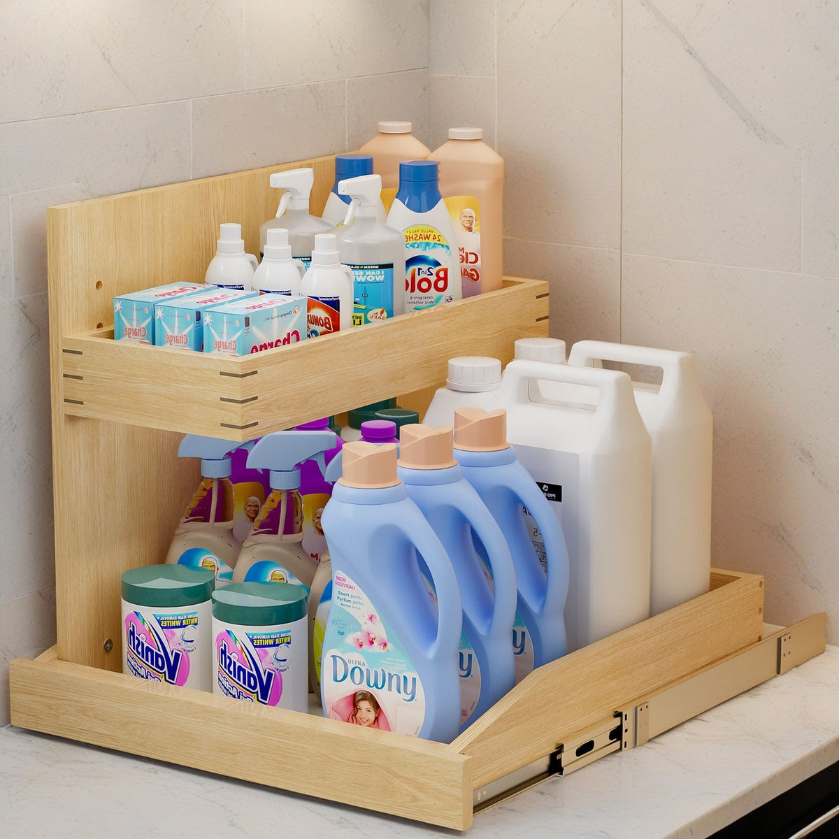 2 Tier Pull Out Under Sink Organizer with Full-Tension Slides - Natural Wood HouseOfZazla