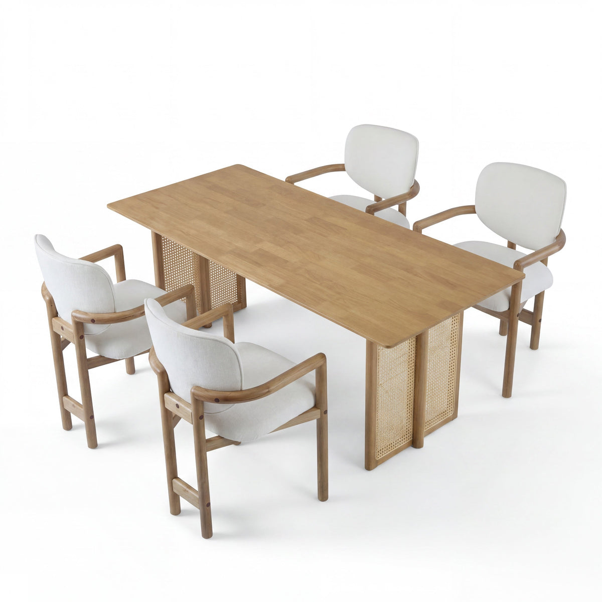 5-Piece Rubber Wood Indoor Dining Set with Rattan Chairs