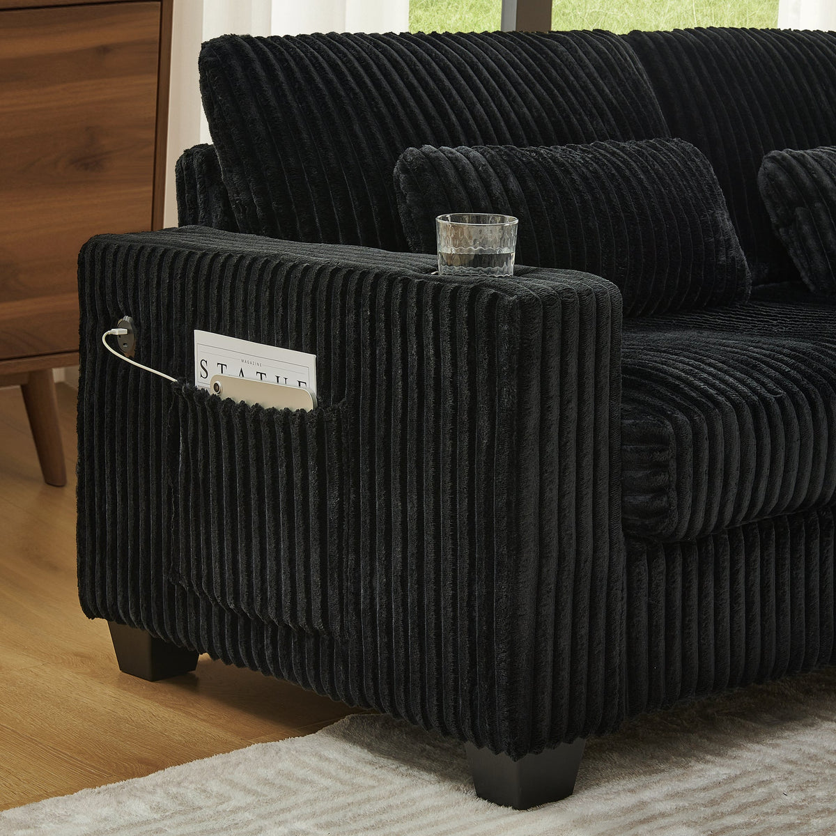 L-Shaped Corduroy Modular Sectional Sofa with Detachable Footrest - Black HouseOfZazla