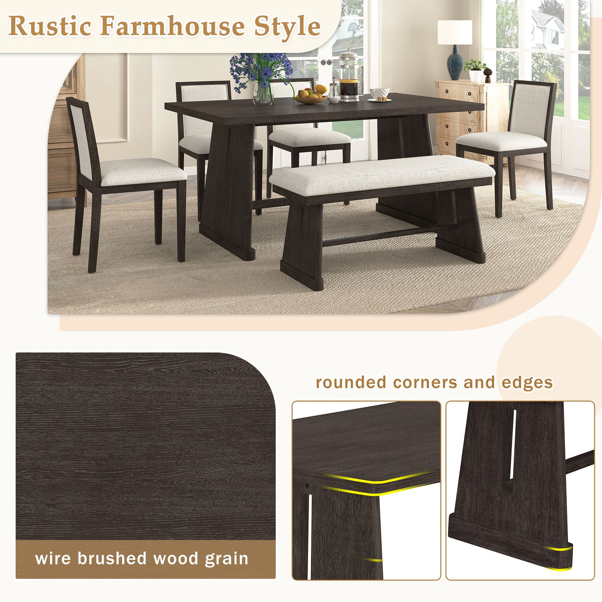 6 Piece Dining Room Set with Upholstered Chairs & Padded Bench - Light or Dark Brown HouseOfZazla