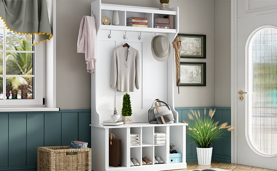 U-Can Hall Tree with 6 Hooks  Coat Hanger Entryway Bench Storage Bench (White) V.I.P Digital Presence