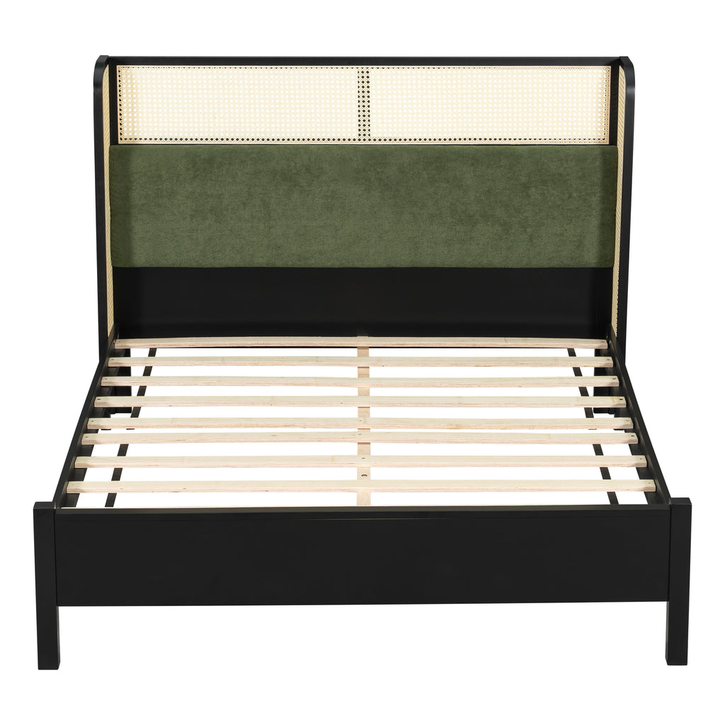Queen Size Bed Frame with Green Upholstered Headboard