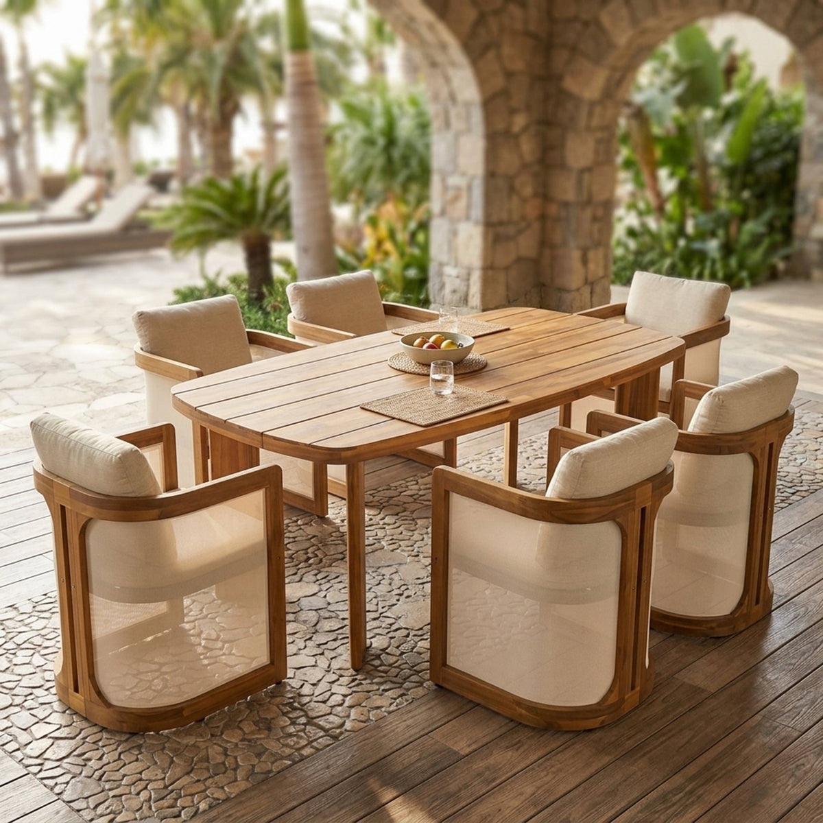 7-Piece Acacia Wood Outdoor Dining Set with Cushioned Arm Chairs - Teak Finish HouseOfZazla