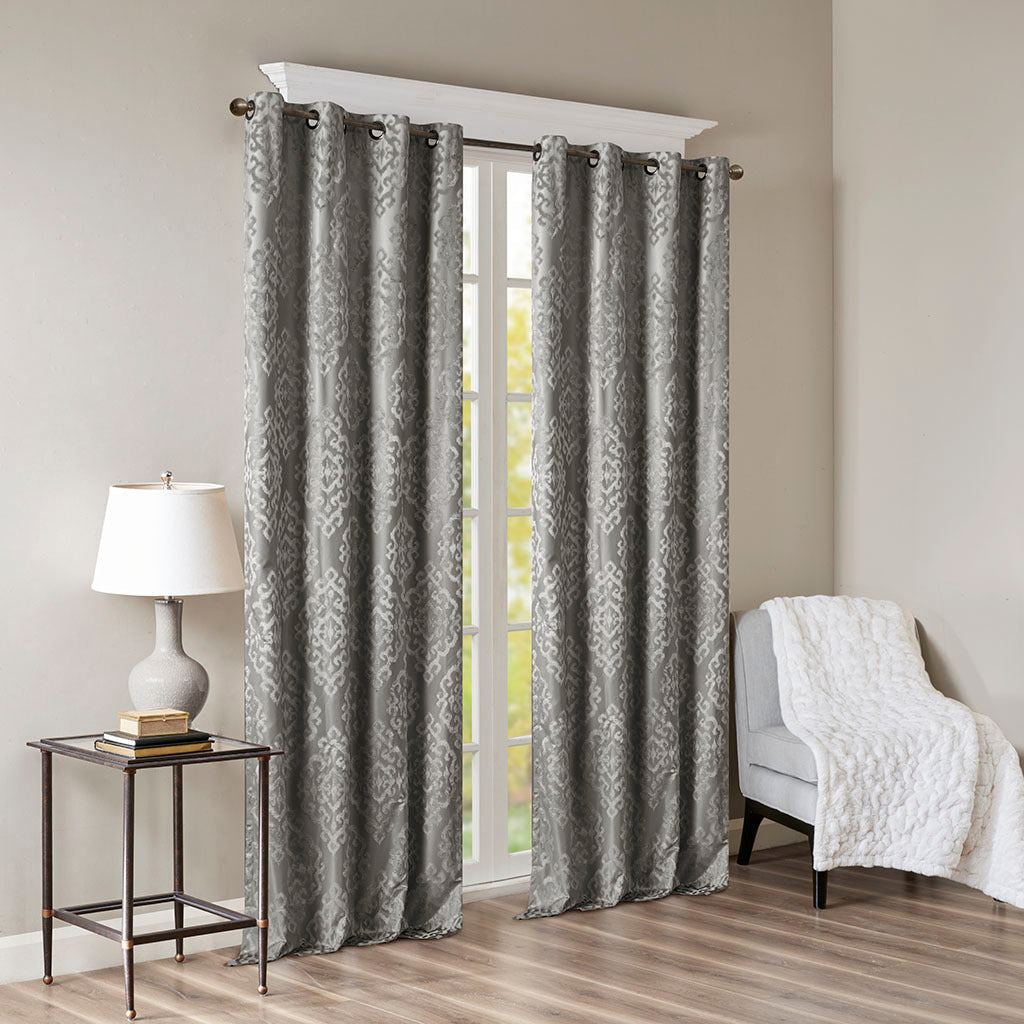 Charcoal Knitted Jacquard Damask Blackout Curtain Panel with Silver Grommets HouseOfZazla