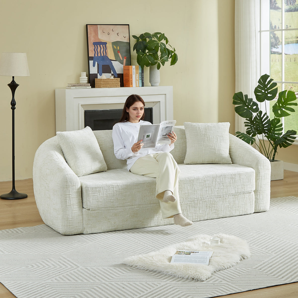 87-Inch Curved Convertible Sofa Recliner with 2-in-1 Design - Available in Beige, Grey, Green HouseOfZazla